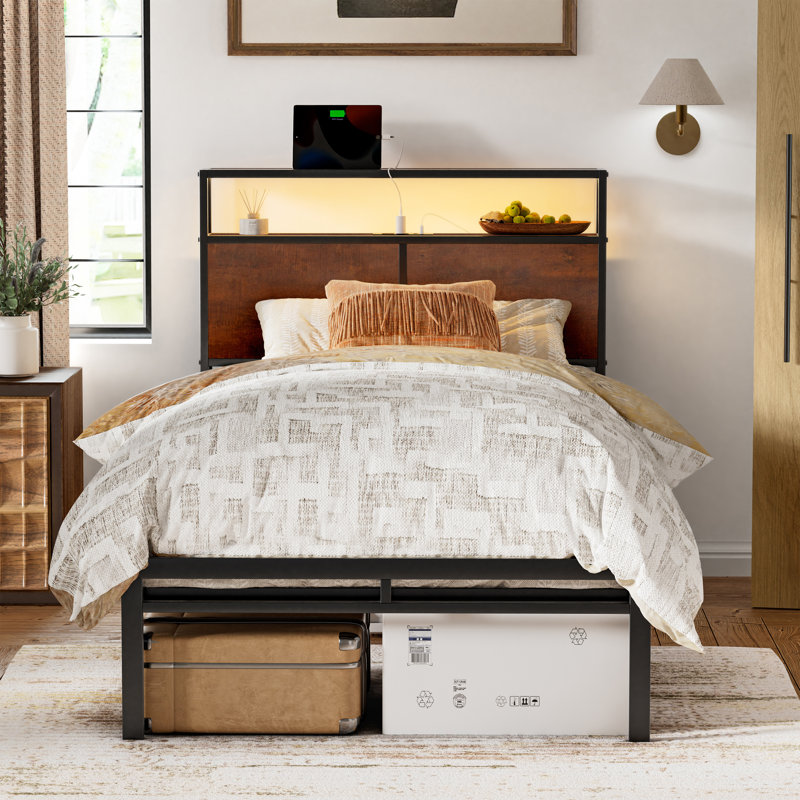 Antioch Bed with LED Light and Charging Station, Storage Headboard, No Box Spring Needed, Twin, Brown