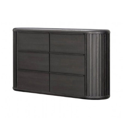 Commode large Sheim, bois d'acacia massif noir cannelé moderne cannelé