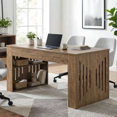 63 Inch Wood Conference Table With 2 Drawers & Side Storage, Modern Farmhouse Rectangular Meeting Table Home Office Desk For Conference Room