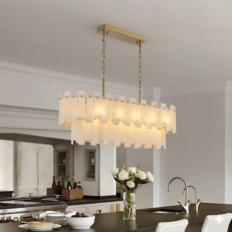 14 - Light 40" Gold Alabaster Rectangular Chandelier 2-tier Kitchen Island Lights For Dining Room