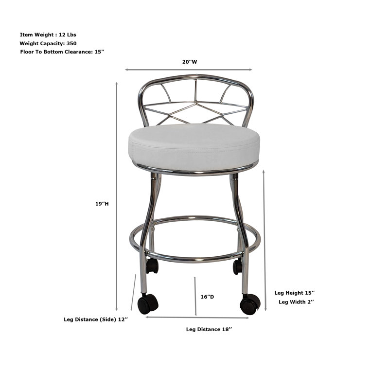 Elegant White 16" Vanity Stool with Smooth Rolling Casters, Chrome