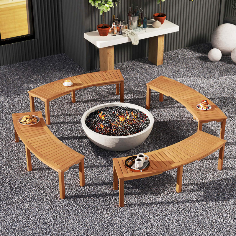 4-Piece Outdoor Curved Acacia Wood Bench Set for Yard