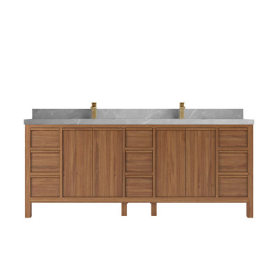 Pacorro 84 In. W X 22 In. D Double Sink Bathroom Vanity In Dark Natural With 2 In.