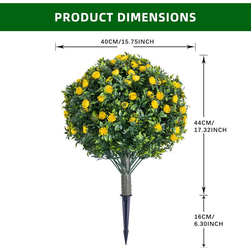 60cm Artificial Rose Topiary Ball Trees, UV-Resistant, Yellow, 2