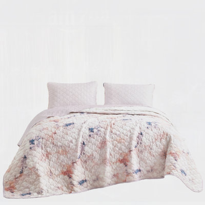 3-Piece Reversible Blush Pink Watercolor Print Scallop-Quilted Microfiber Bedspread Set，Queen