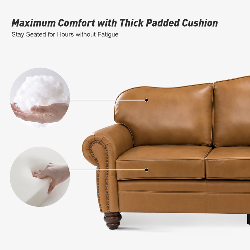 Damore 81'' Wide Genuine Leather Sofa, Camel Genuine Leather