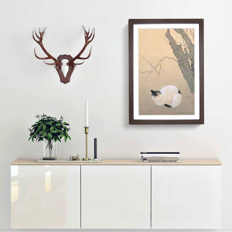 Cat and Plum Blossoms by Hishida Shunso - Picture Frame Painting Print, Walnut Framed, 65cm H x 48cm W x 2cm D