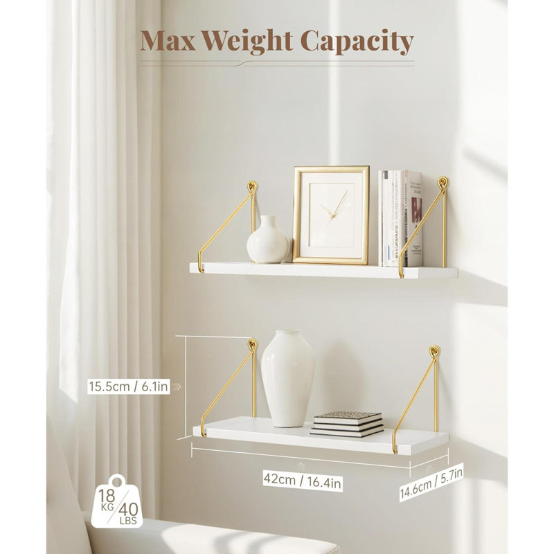 2 Piece Floating Shelf, White/Gold