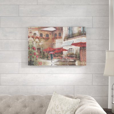 Parasol rouge à l'extérieur du bistro - reproduction sur toile