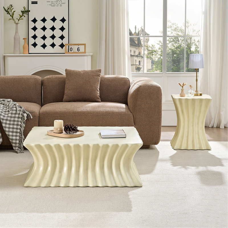 Ensemble d'appoint 35,43 "+ 15,16" table de chevet en fibre de verre robuste pour salon, 12.8" H x 35.43" W x 35.43" D