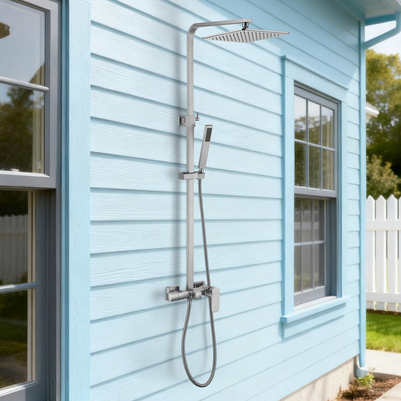 Wall Mounted Solid Brass 3-Function Temperature Control Outdoor Shower with Handheld Shower Head and Footwash, Brushed Nickel