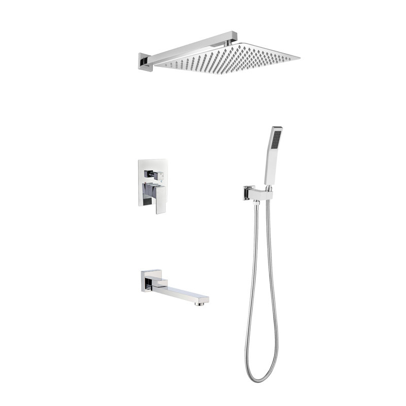 Système de douche mural avec pomme de douche à effet de pluie de 12 pouces, douchette à main et bec de baignoire, luminaire de salle de bain en laiton chromé
