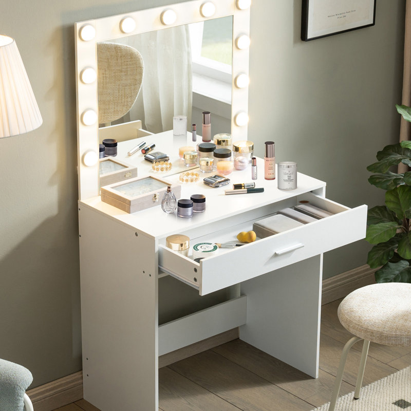 Vanity Desk With Mirror And Lights, Dressing Table With Large Drawer, 1 Level Storage Dresser & 3 Lighting Modes Adjustable Brightness