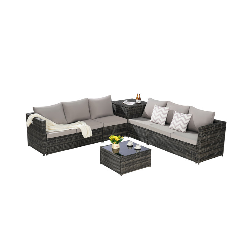 6 Pieces Patio Furniture Set,Outdoor Woven Sectional L- Shaped Patio Furniture ,Wicker Conversation Set with corner table&Glass Top Table for Backyard Poolside