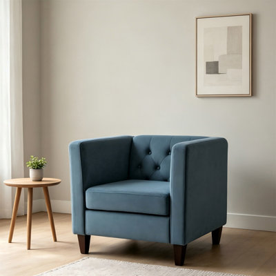Fauteuil d'appoint moderne capitonné en velours capitonné, fauteuil carré avec pieds fuselés en bois et fauteuil capitonné de style Mid-Century pour la chambre à coucher du salon