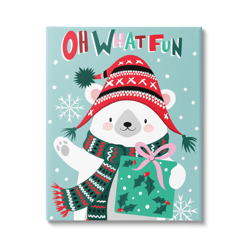 «Oh What Fun Winter Winter Bear Falling Snowflakes», estampe numérique encadrée de Jo Taylor, Toile tendue