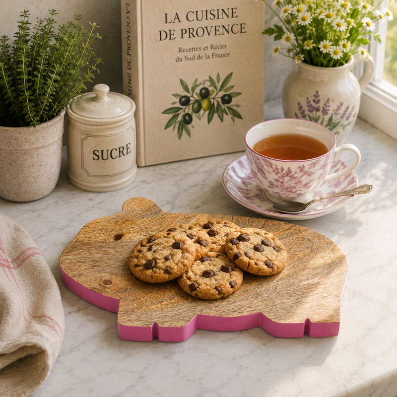 Guinea Pig-Shaped Mango Wood Serving Board with Pink Edge, Wooden Cheese & Charcuterie Board for Kitchen & Entertaining