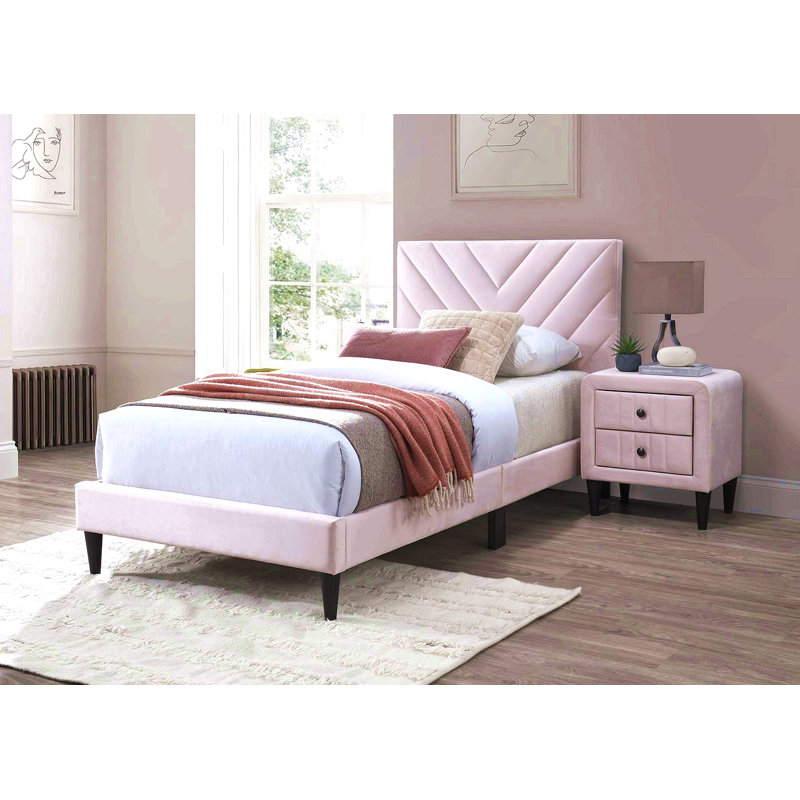 Modern V-Stitching Tufted Design Twin Bed Velvet Upholstered In Light Pink, Light Pink