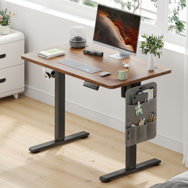 Electric Height Adjustable Home Office Standing Desk, Black, 100cm W x 60cm D, Rustic Brown