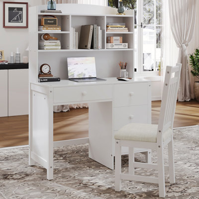 Vintage 40" Home Executive Desk and Upholstered Chair Set with Bookshelf for Office or Study in Bedroom or Living Room