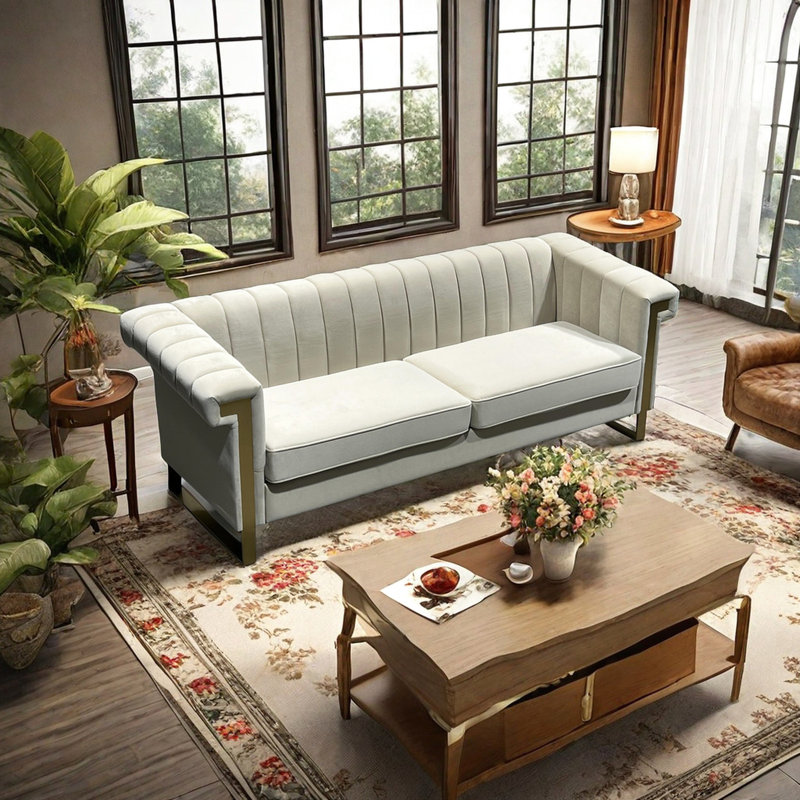 Chic velours crème 3 avec accents dorés - sièges de bureau et de salon à garniture dorée tendance