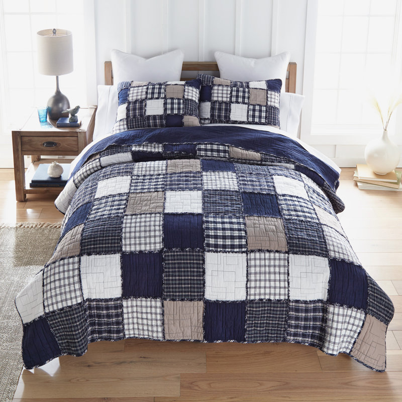 Donna Sharp Checkerboard Indigo 3PC Ragged Pieced Cotton King Quilt Set, King Quilt + 2 King Sham