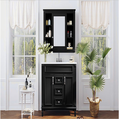 36'' Bathroom Vanity with Top Sink, Black Mirror Cabinet, Modern Bathroom Storage Cabinet with 2 Soft Closing Doors and 2 Drawers, Single Sink Bathroom Vanity