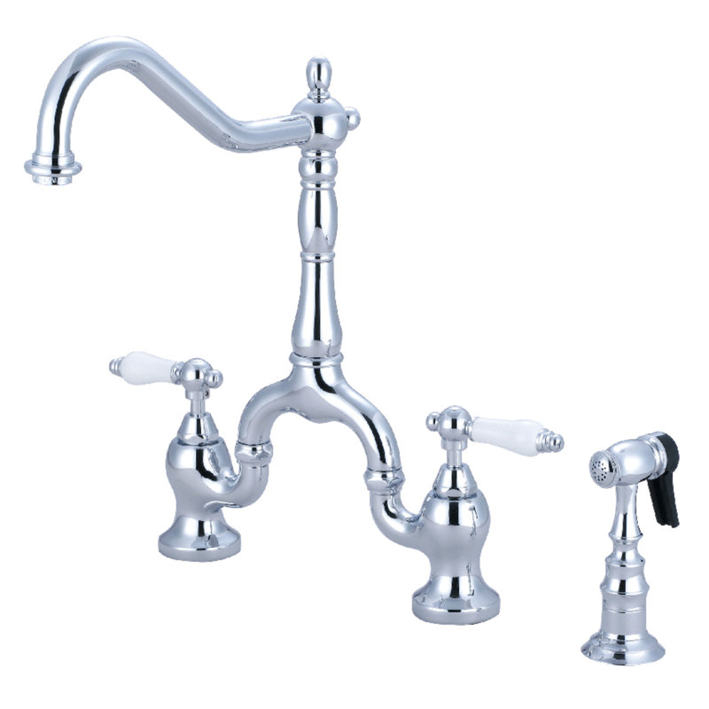 Kingston Brass English Country Two-Handle 3-Hole Deck Mount Bridge Kitchen Faucet with Brass Side Sprayer, Polished Chrome