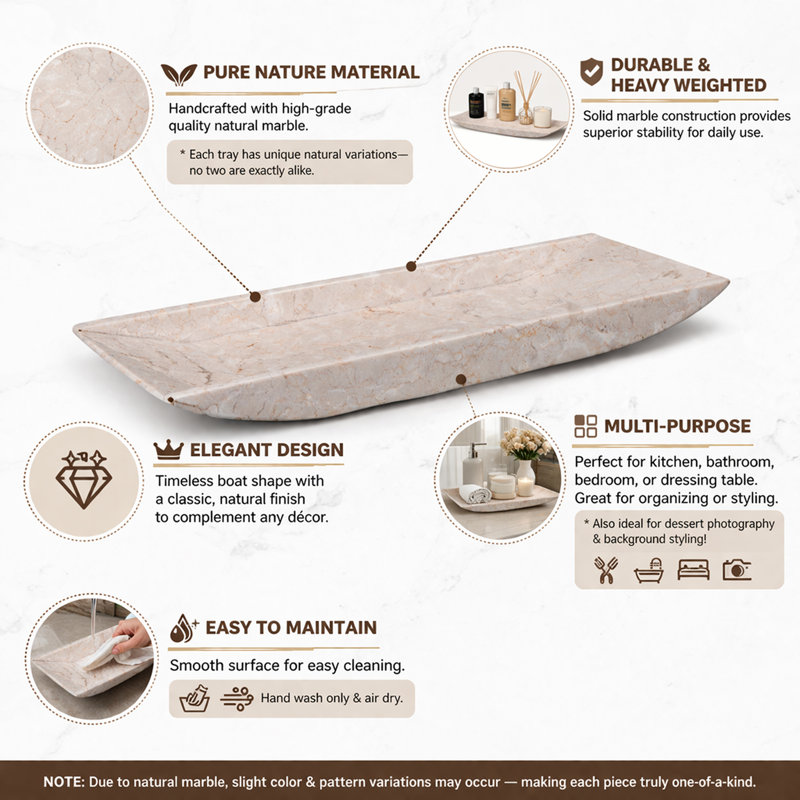 Natural Champagne Marble Rectangular Vanity Tray Towel Tray Boat Shaped Tray Bathroom Accessories Organizer