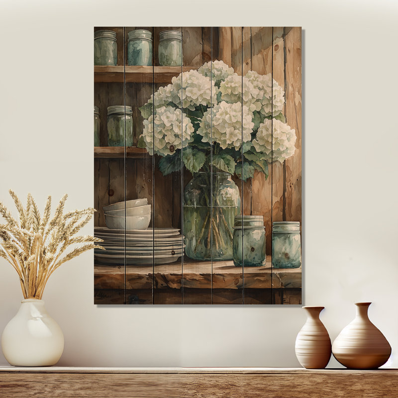 Hydrangées dans la ferme IV - Décoration murale en bois d'hortensias - sur bois de pin naturel, H 20 po x l 10 po x P 0,78 po