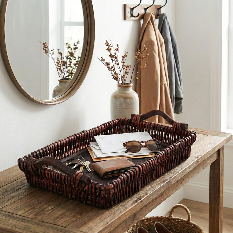 Rectangular Wicker Basket with Wooden Base, Medium Sized Wide Shelf Basket for Decorative Storage, Gift Basket Wood for Home or Wedding Decor