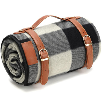 Picnic Blankets, 3 Layer Soft Fleece Blanket For Beach,Camping On Grass, Waterproof, Sandproof, Best Gift For Couple & Families, Black And Gray Checkered