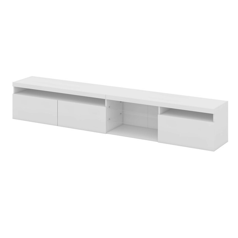 Meuble télé avec lumières DEL - 2 tablettes en verre et armoires de rangement cachées, Blanc