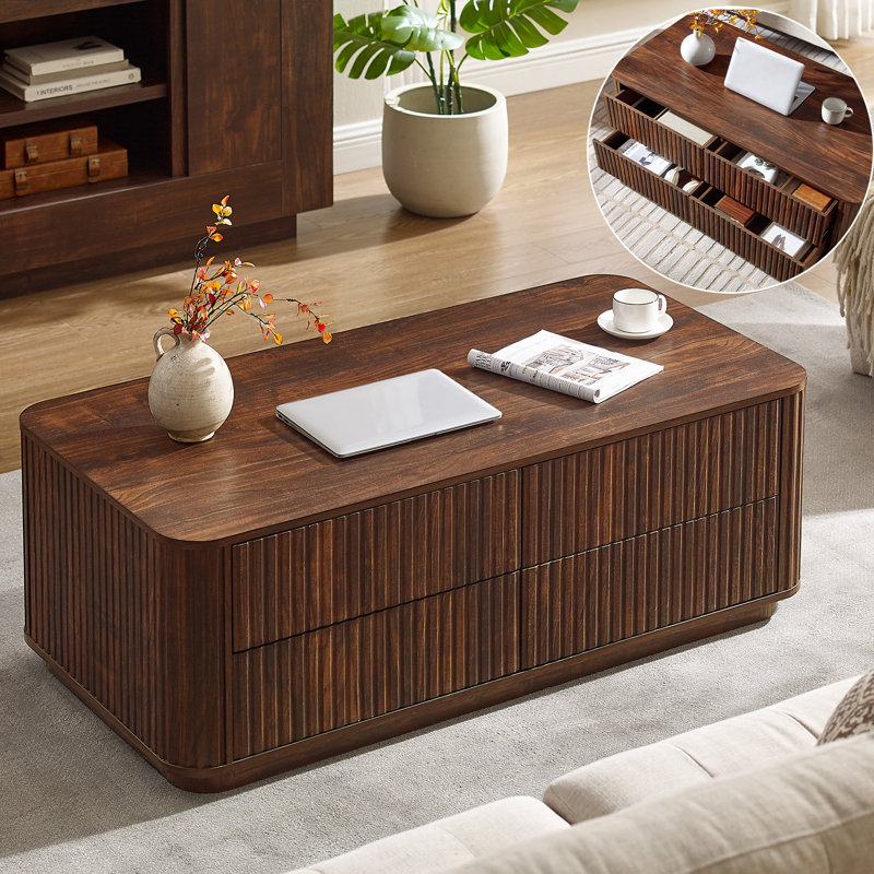 52"W Fluted Coffee Table with 4 Drawers, Dark Walnut
