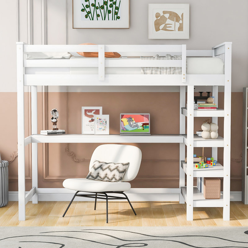 Lit mezzanine avec tablettes de rangement et bureau sous le lit, Blanc, Lit simple