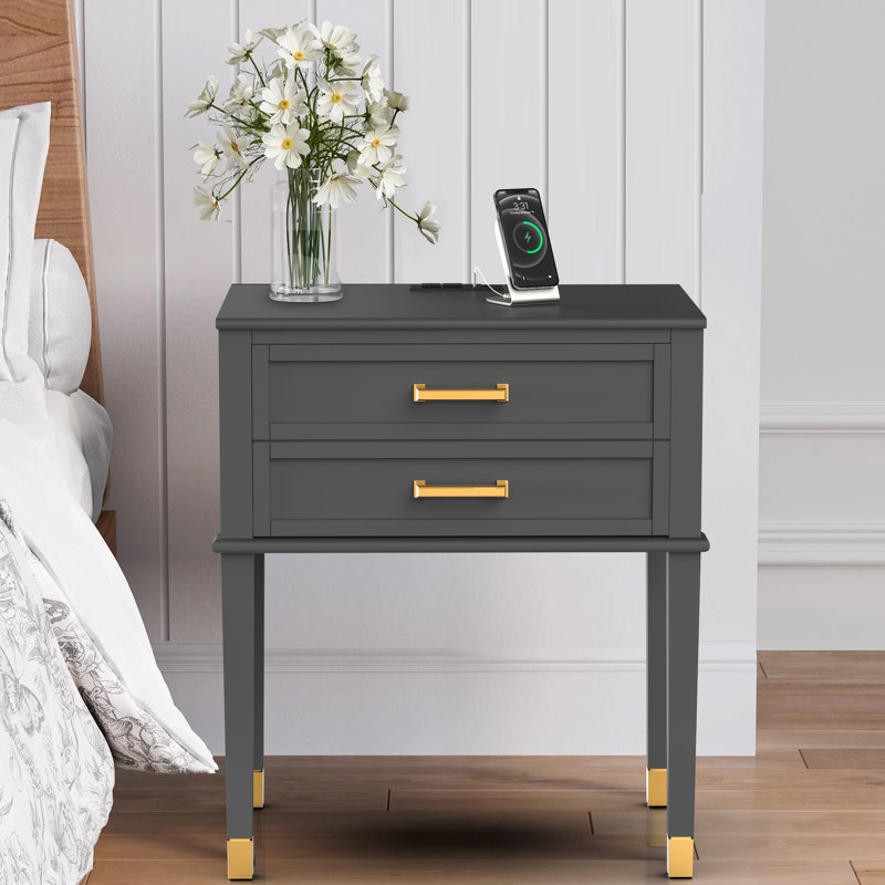 Solid Wood Nightstand with Big Drawer，2 Power Outlets, 1 USB Port & 1 Type C Port, Gray