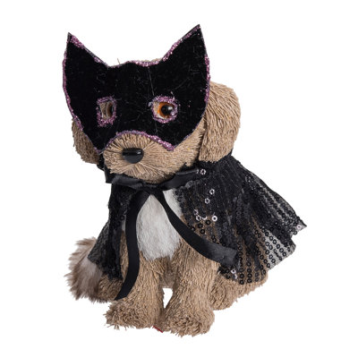 Thread Dog Plush Figurine with Costume - Decorative Foam Object for Halloween, Black Brown Tabletop Decor, Indoor Use, Perfect for Gift Giving and Hostess Gifts, Unique and Fun Decorative Accent