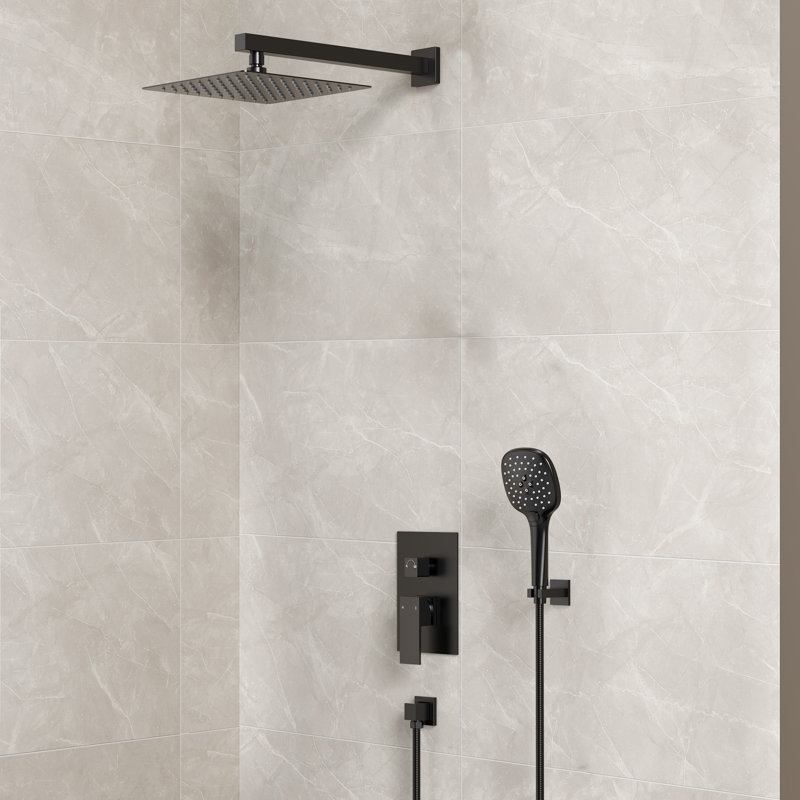 Système de douche à pression équilibrée, robinet de douche à pluie de 10 pouces avec valve brute, Noir mat