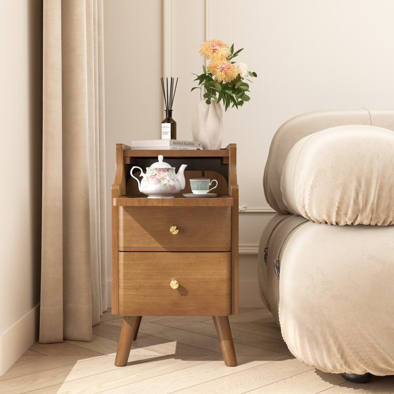 Table de chevet étroite, table de chevet en bois massif avec 2 tiroirs, table de chevet moderne en noyer du milieu du siècle, petite table d'appoint avec étagère de rangement ouverte pour chambre à coucher (12 pouces)