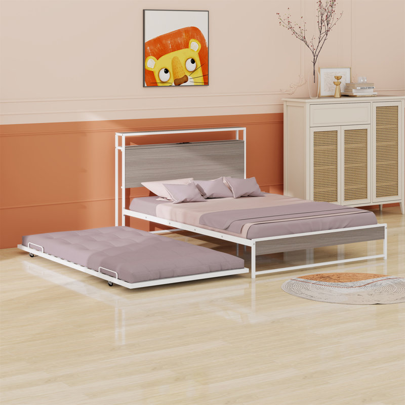 Base de lit plateforme en métal avec couchette, ports USB et support à lattes, Blanc