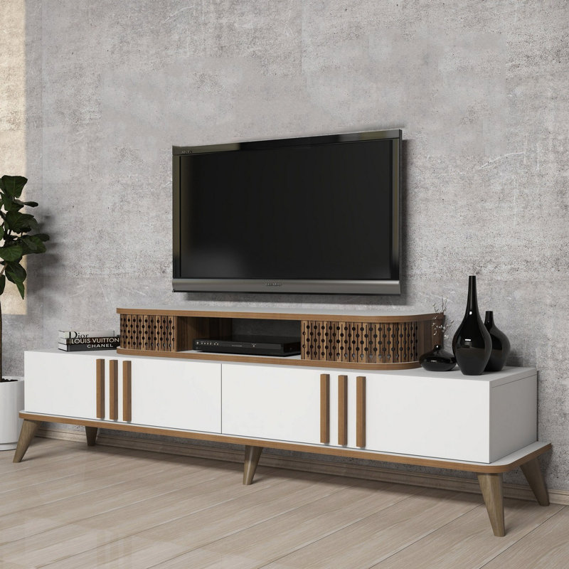 Modern TV Stand in White, 66.1 x 15.9 x 15.0 inches | 100% Melamine Coated Particle Board, Thickness: 0.7 inches | Scandinavian Design with Geometric Style, Perfect for Living Room & Entertainment Spaces