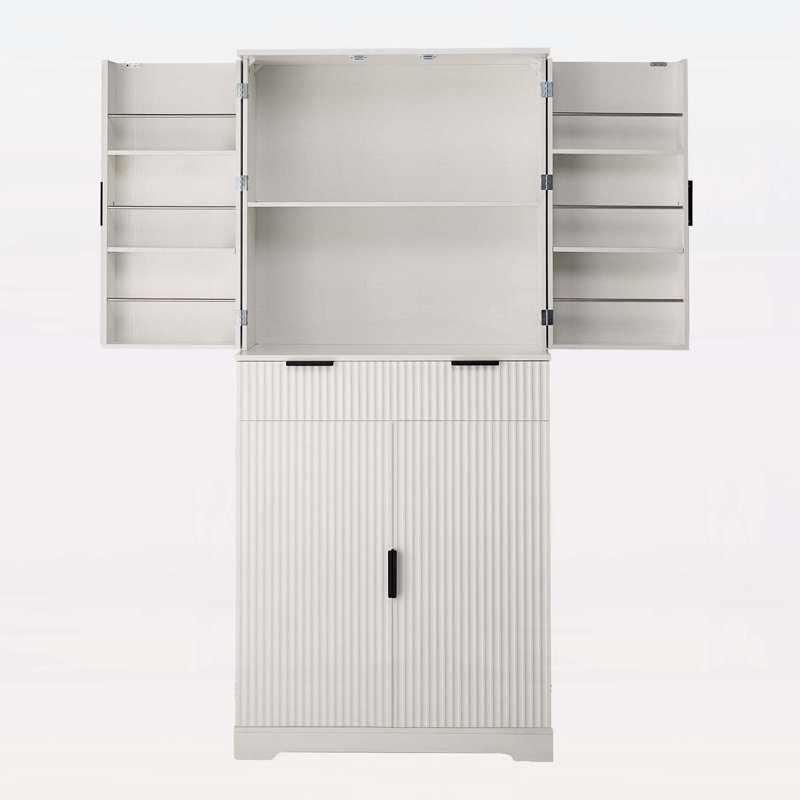 Fluted Kitchen Pantry Cabinet,for Versatile Use in Various Rooms, White