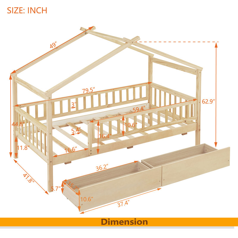 Lit simple en bois avec deux tiroirs, Naturel