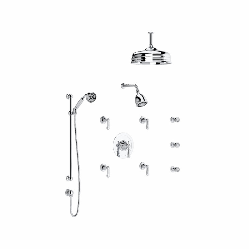 Georgian Era Multi-Function System Featuring Rain and Multi-Function Showerheads, Multi-Function Handshower, Body Sprays, and Independent Volume Controls Pressure-Balanced Ceiling Mounted with Rough-in Valve