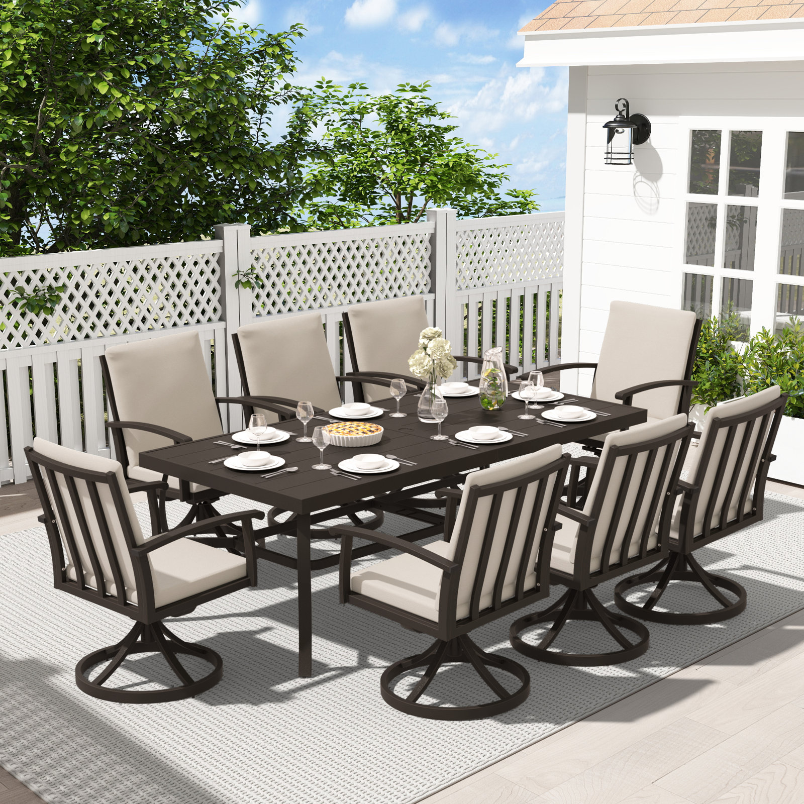 Whittlesey Rectangular Aluminum Dining Set with Cushions, Dark Brown, 8