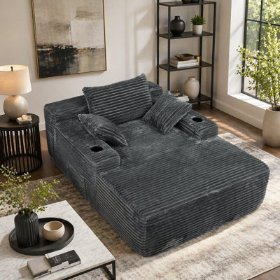 NOUVEAU Chaise longue convertible moelleuse avec accoudoirs larges et coussins décoratifs, canapé-lit douillet et désossé, avec porte-gobelet, pour le salon, la chambre à coucher, aucun assemblage requis, gris