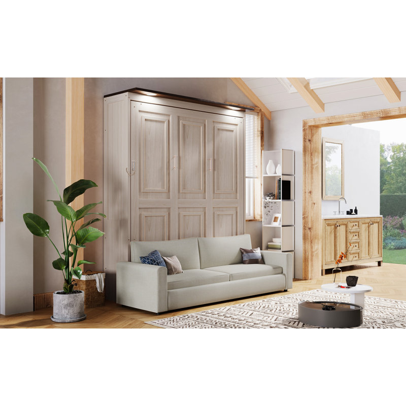 Grand lit beige avec DEL, peu encombrant pour les appartements à usages multiples et lumières à DEL à base de lin, grands espaces fonctionnels, noyau en bois de pin