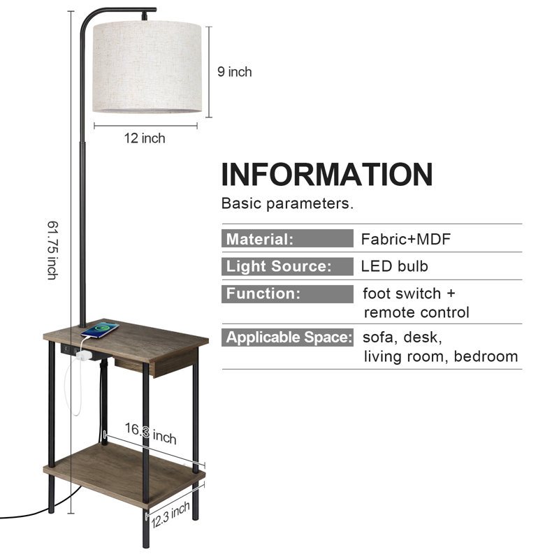 Zulfa 62" Dimmable Table Floor Lamp with Drawer, End Table with Lamp for Living Room, Grey