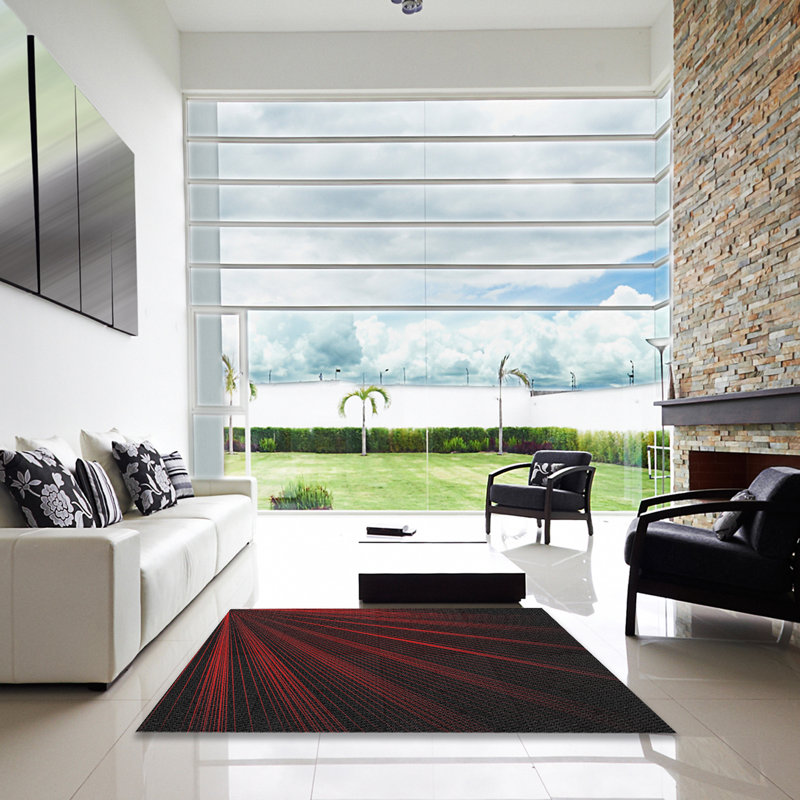 Laine tissée à la machine abstraite et polyester rouge/noir Tapis décoratif, Carré 7 pi