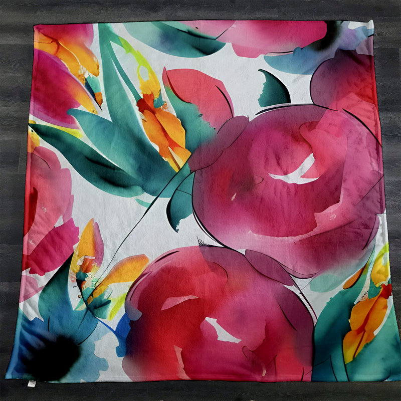 Throw Blanket, 68" W x 80" L, Floral/Abstract, Pink/Green/Orange